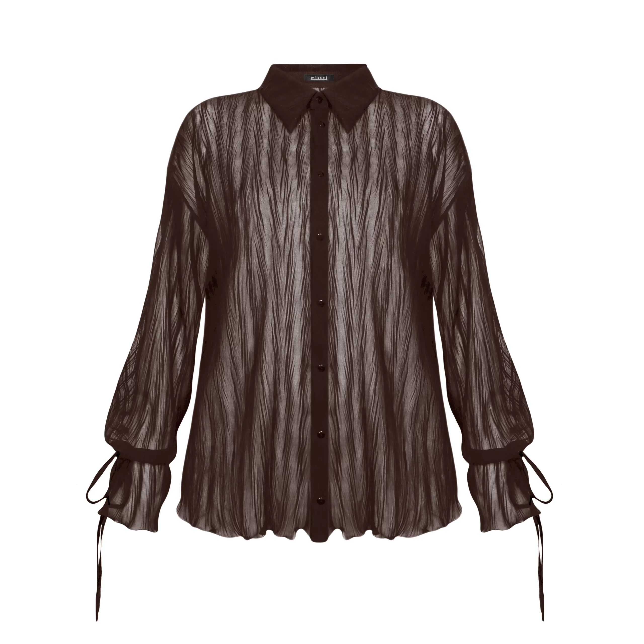 koszula brązowa czekoladowa koszula plisowana koszula kreszowana koszula strukturalna koszula transparentna koszula przezroczysta wiązane rękawy guziki z logo marki guziki corozo polska marka missei 2